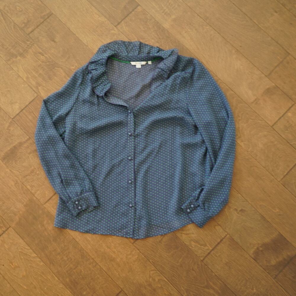 Boden Blouse Top Womens 12 Blue Polka Dots Sheer Long Sleeve Casual Button Front